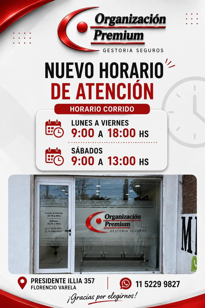 Flyer de horarios de atención de Organización Premium